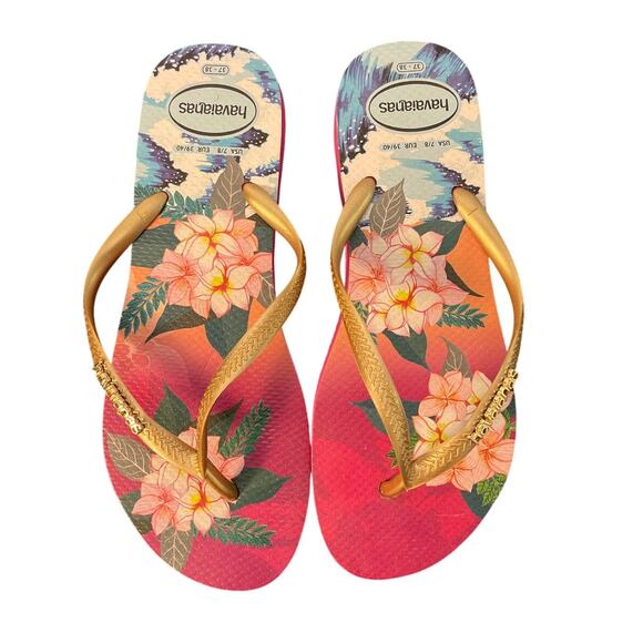 Havaianas Flower Print Flip Flops Color Pink Size 8 - Picture 1 of 12